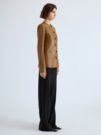 Proenza Schouler Side full length image of model wearing Annemarie Jacket in Nappa Leather in Dark Khaki