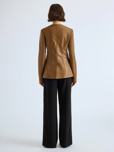 Proenza Schouler Back full length image of model wearing Annemarie Jacket in Nappa Leather in Dark Khaki