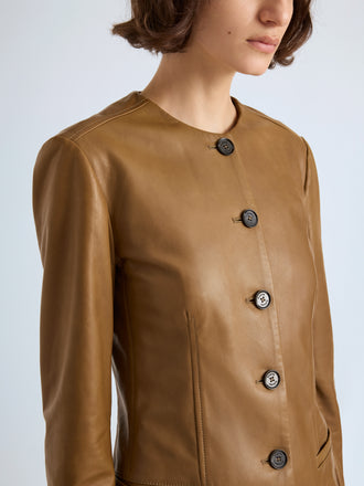 Proenza Schouler Detail image of model wearing Annemarie Jacket in Nappa Leather in Dark Khaki
