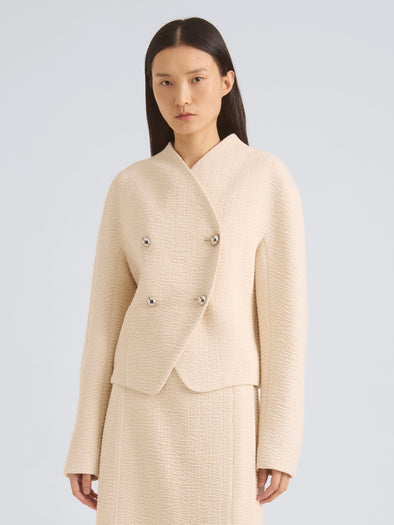 Proenza Schouler Front cropped image of model wearing Lorna Jacket in Striated Suiting in Ecru