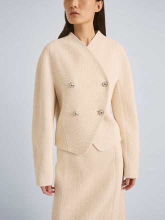 Proenza Schouler Detail image of model wearing Lorna Jacket in Striated Suiting in Ecru