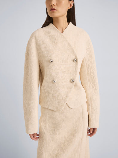 Proenza Schouler Detail image of model wearing Lorna Jacket in Striated Suiting in Ecru