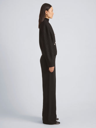 Proenza Schouler Side full length image of model wearing Lorna Jacket in Striated Suiting in Black