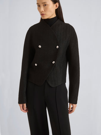 Proenza Schouler Detail image of model wearing Lorna Jacket in Striated Suiting in Black