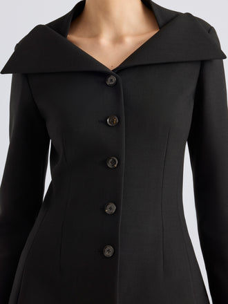 Proenza Schouler Detail image of model wearing Dara Jacket in Light Bi-Stretch Wool in Black