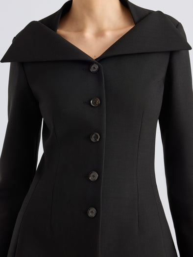 Proenza Schouler Detail image of model wearing Dara Jacket in Light Bi-Stretch Wool in Black