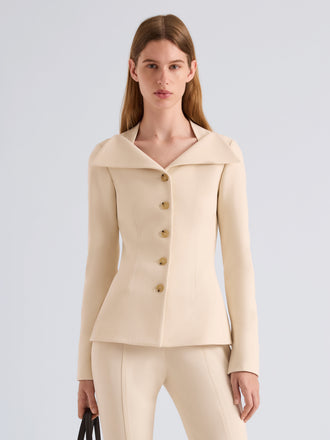Proenza Schouler Front cropped image of model wearing Dara Jacket in Light Bi-Stretch Wool in Ecru
