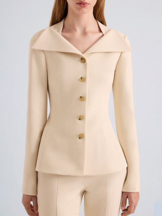 Proenza Schouler Detail image of model wearing Dara Jacket in Light Bi-Stretch Wool in Ecru