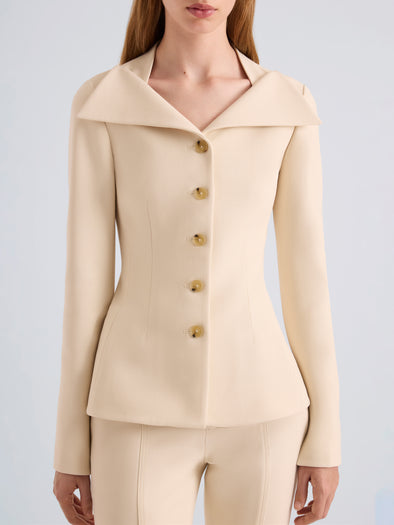 Proenza Schouler Detail image of model wearing Dara Jacket in Light Bi-Stretch Wool in Ecru