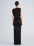 Proenza Schouler Back full length image of model wearing Isaline Dress in Crepe Satin in Black