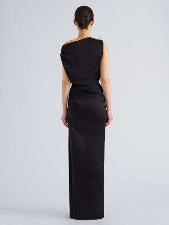 Proenza Schouler Back full length image of model wearing Isaline Dress in Crepe Satin in Black