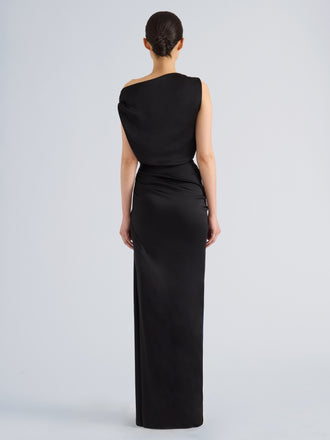 Proenza Schouler Back full length image of model wearing Isaline Dress in Crepe Satin in Black
