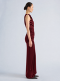 Proenza Schouler Side full length image of model wearing Isaline Dress in Crepe Satin in Amarone