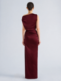 Proenza Schouler Back full length image of model wearing Isaline Dress in Crepe Satin in Amarone