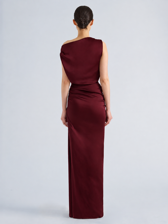 Proenza Schouler Back full length image of model wearing Isaline Dress in Crepe Satin in Amarone
