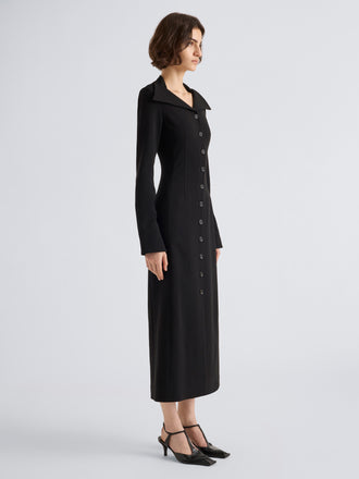 Proenza Schouler Side full length image of model wearing Carmen Dress in Matte Double Crepe in Black