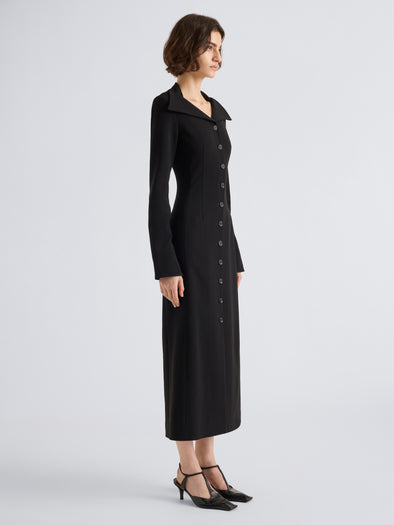 Proenza Schouler Side full length image of model wearing Carmen Dress in Matte Double Crepe in Black