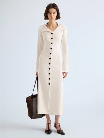 Proenza Schouler Front full length image of model wearing Carmen Dress in Matte Double Crepe in Ecru