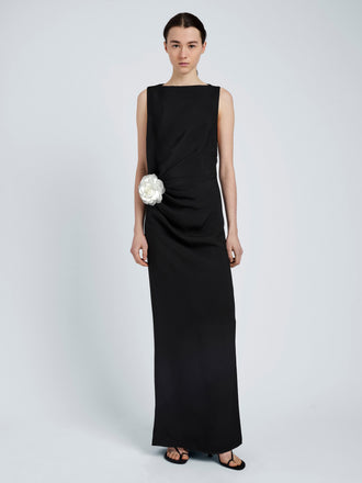 Proenza Schouler Front full length image of model wearing Indria Dress In Matte Double Crepe in Black