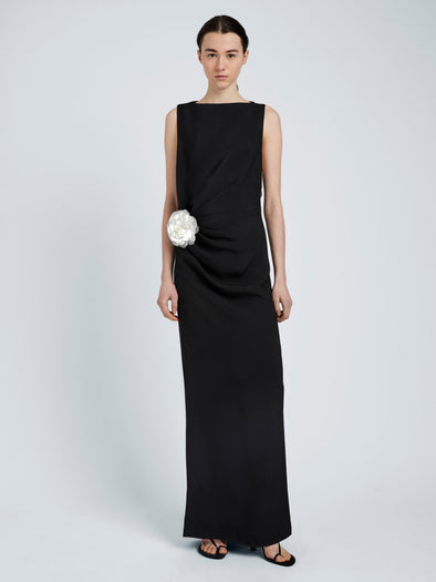 Proenza Schouler Front full length image of model wearing Indria Dress In Matte Double Crepe in Black