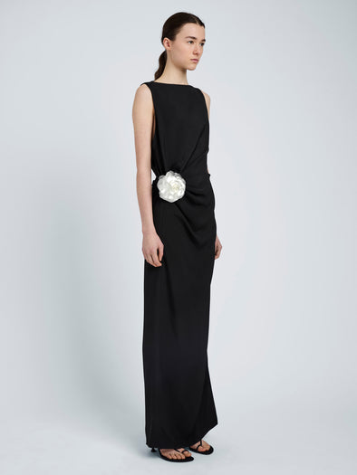 Proenza Schouler Side full length image of model wearing Indria Dress In Matte Double Crepe in Black