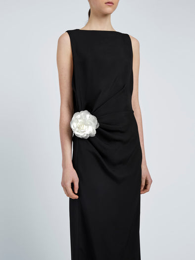Proenza Schouler Detail image of model wearing Indria Dress In Matte Double Crepe in Black