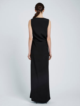 Proenza Schouler Back full length image of model wearing Indria Dress In Matte Double Crepe in Black