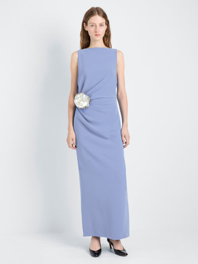 Proenza Schouler Front full length image of model wearing Indria Dress In Matte Double Crepe in Periwinkle