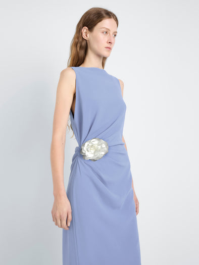 Proenza Schouler Detail image of model wearing Indria Dress In Matte Double Crepe in Periwinkle