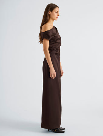 Proenza Schouler Side full length image of model wearing Margot Dress in Viscose Satin in Coffee