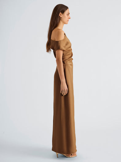 Proenza Schouler Side full length image of model wearing Margot Dress in Viscose Satin in Bronze