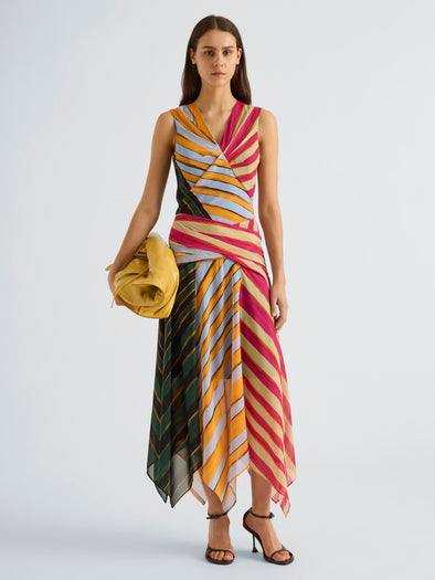 Proenza Schouler Front full length image of model wearing Judd Dress in Printed Stretch Silk Georgette in Stripe Multi