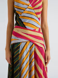 Proenza Schouler Detail image of model wearing Judd Dress in Printed Stretch Silk Georgette in Stripe Multi