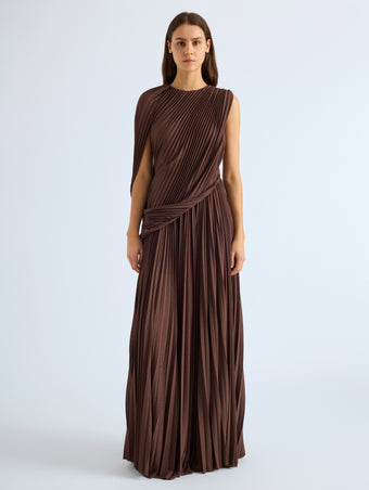 Proenza Schouler Front full length image of model wearing Olympia Gown in Textured Sheer Jersey in Coffee