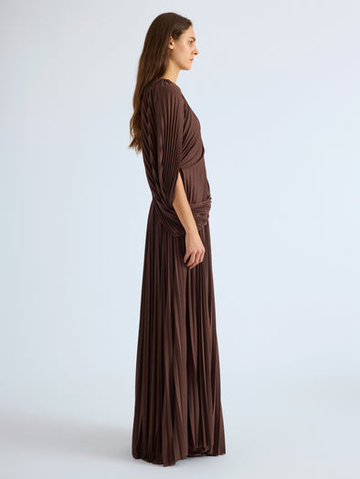 Proenza Schouler Side full length image of model wearing Olympia Gown in Textured Sheer Jersey in Coffee