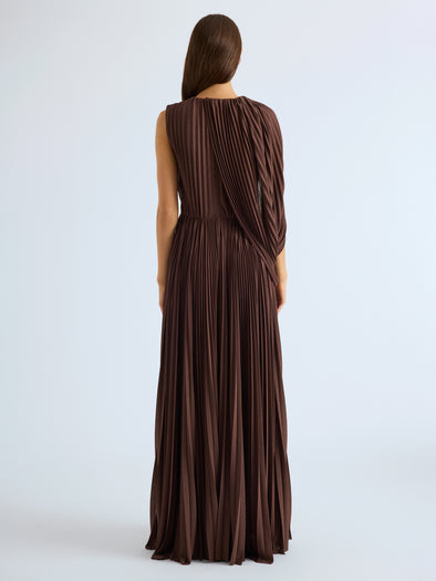Proenza Schouler Back full length image of model wearing Olympia Gown in Textured Sheer Jersey in Coffee