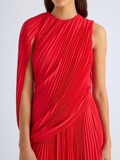 Proenza Schouler Detail image of model wearing Olympia Gown in Textured Sheer Jersey in Poppy