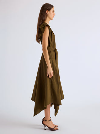 Proenza Schouler Side full length image of model wearing Adina Dress in Classic Cotton Poplin in Kelp