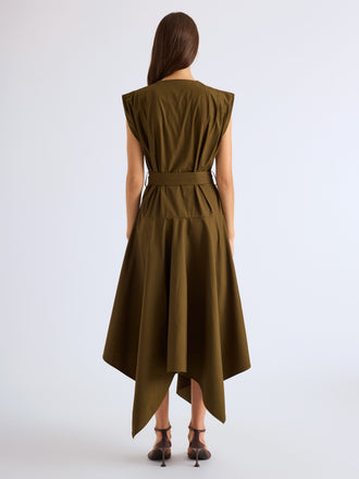 Proenza Schouler Back full length image of model wearing Adina Dress in Classic Cotton Poplin in Kelp