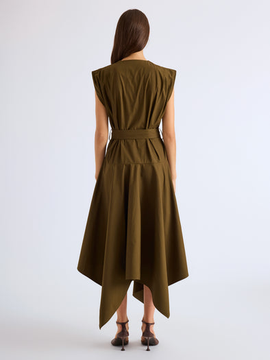 Proenza Schouler Back full length image of model wearing Adina Dress in Classic Cotton Poplin in Kelp