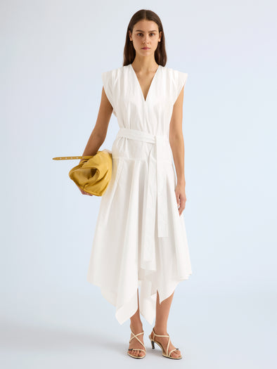 Proenza Schouler Front full length image of model wearing Adina Dress in Classsic Cotton Poplin in Optic White