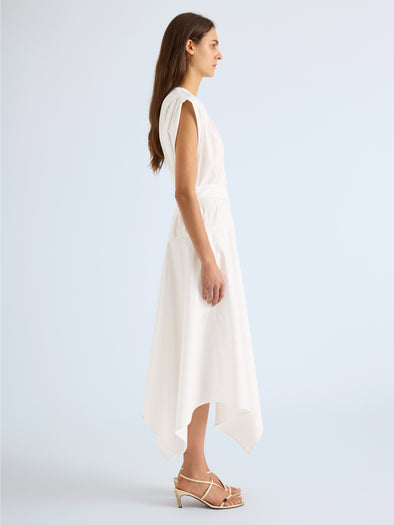 Proenza Schouler Side full length image of model wearing Adina Dress in Classsic Cotton Poplin in Optic White