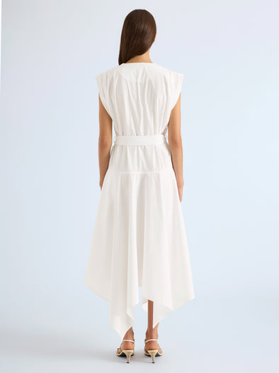 Proenza Schouler Back full length image of model wearing Adina Dress in Classsic Cotton Poplin in Optic White