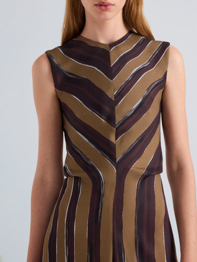 Proenza Schouler Detail image of model wearing Gwen Dress in Printed Crepe Twill in Bronze Multi