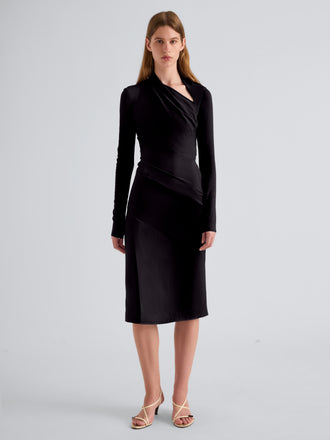 Proenza Schouler Front full length image of model wearing Julia Dress in Bi-Stretch Double Wool in Black