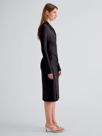 Proenza Schouler Side full length image of model wearing Julia Dress in Bi-Stretch Double Wool in Black