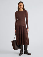 Proenza Schouler Front full length image of model wearing Rina Dress in Textured Sheer Jersey in Coffee