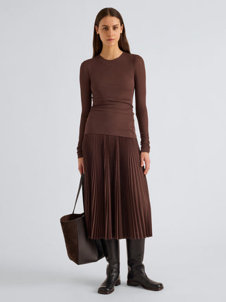 Proenza Schouler Front full length image of model wearing Rina Dress in Textured Sheer Jersey in Coffee