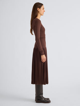 Proenza Schouler Side full length image of model wearing Rina Dress in Textured Sheer Jersey in Coffee
