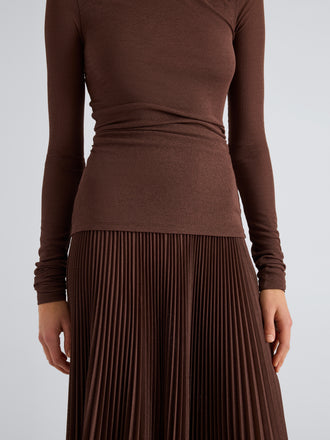 Proenza Schouler Detail image of model wearing Rina Dress in Textured Sheer Jersey in Coffee